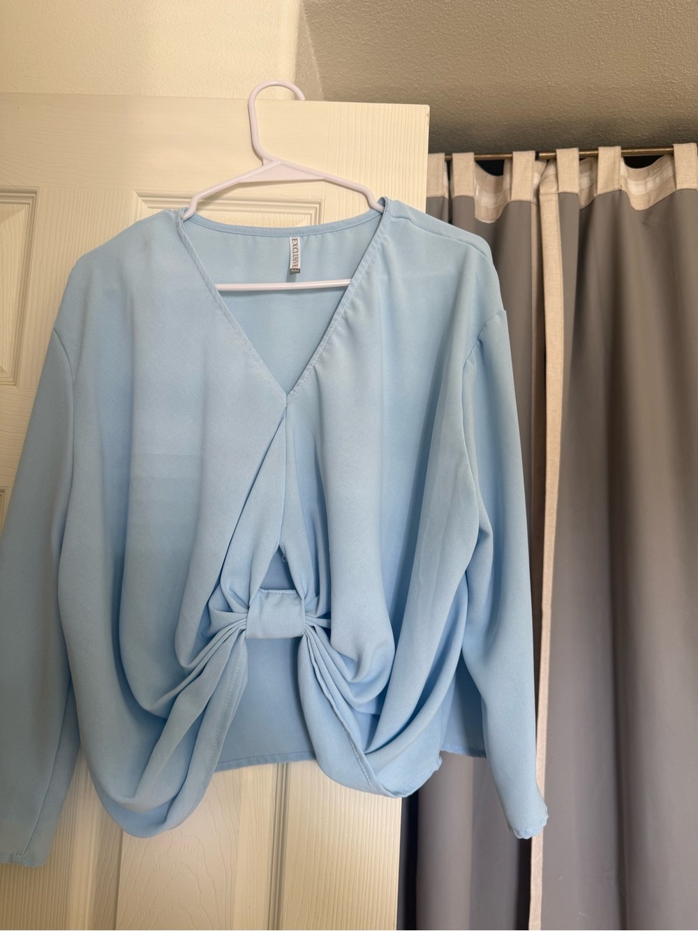 Light Blue Knot-Front V-Neck Long Sleeve Top